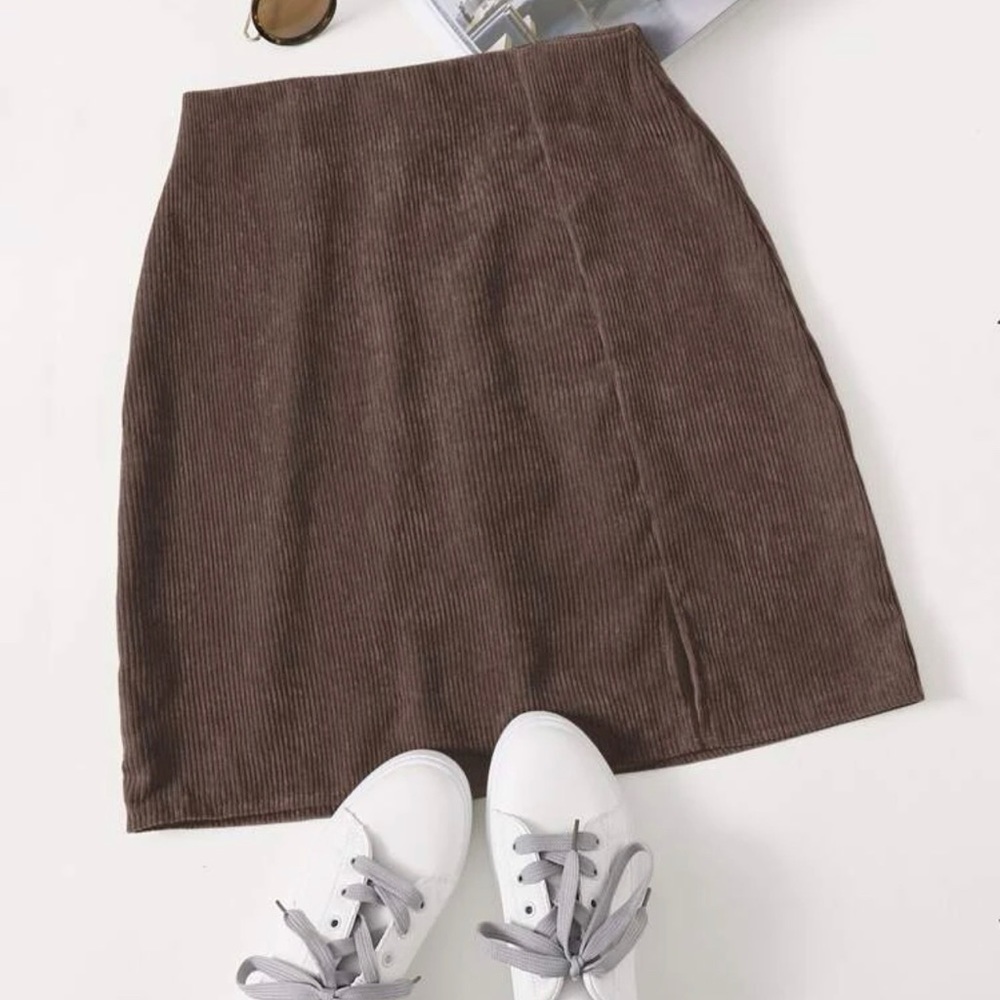 Split hem zipper back corduroy mini skirt